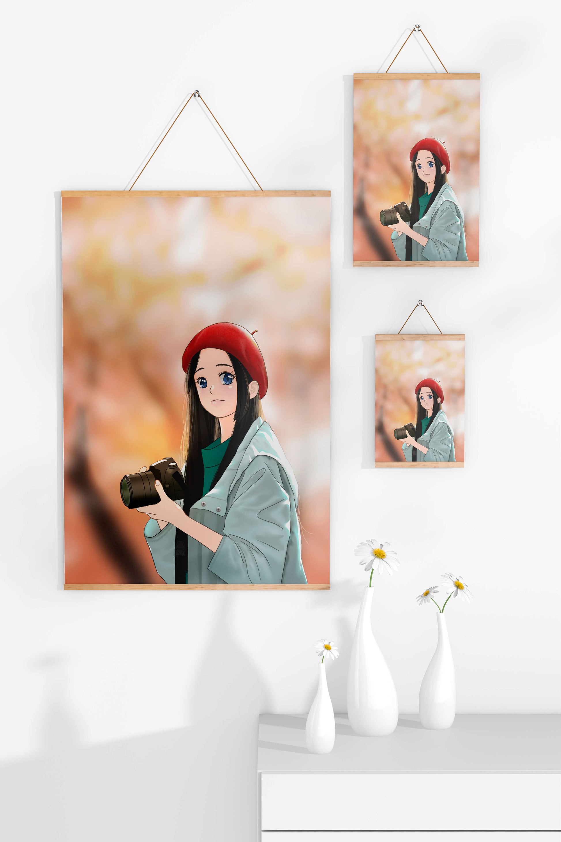 Anime girl in red beret holding camera during autumn