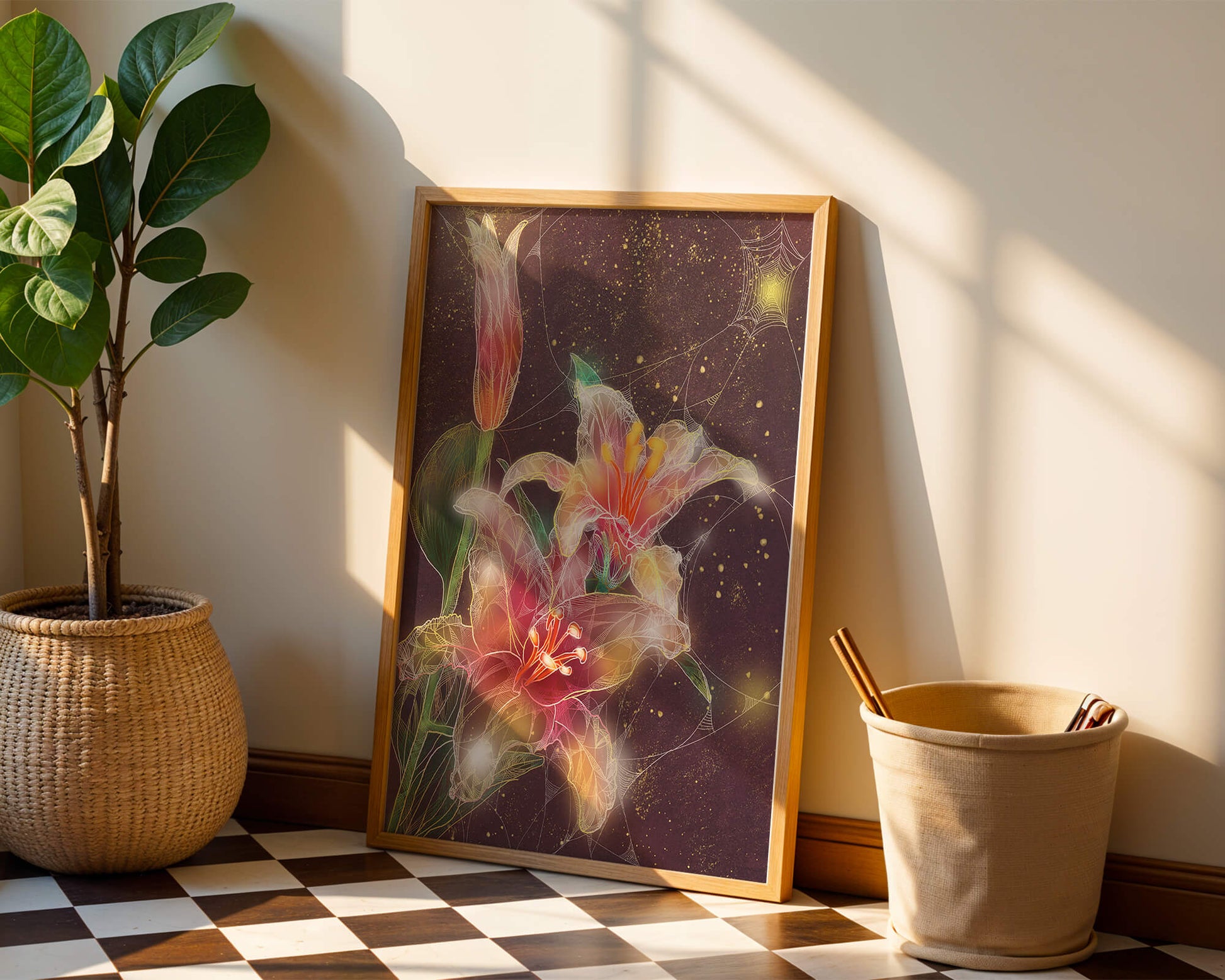 Elegant Floral Composition with Intricate Details and Golden Accents