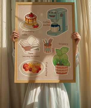 Elementos esenciales del hogar acogedor que incluyen pastel de fresa, cafetera y materiales de estudio