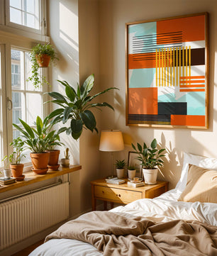 Abstract Geometric Composition with Gold and Orange Elements - Mi tienda