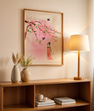 Art chinois traditionnel avec des fleurs de cerisier et une silhouette élégante