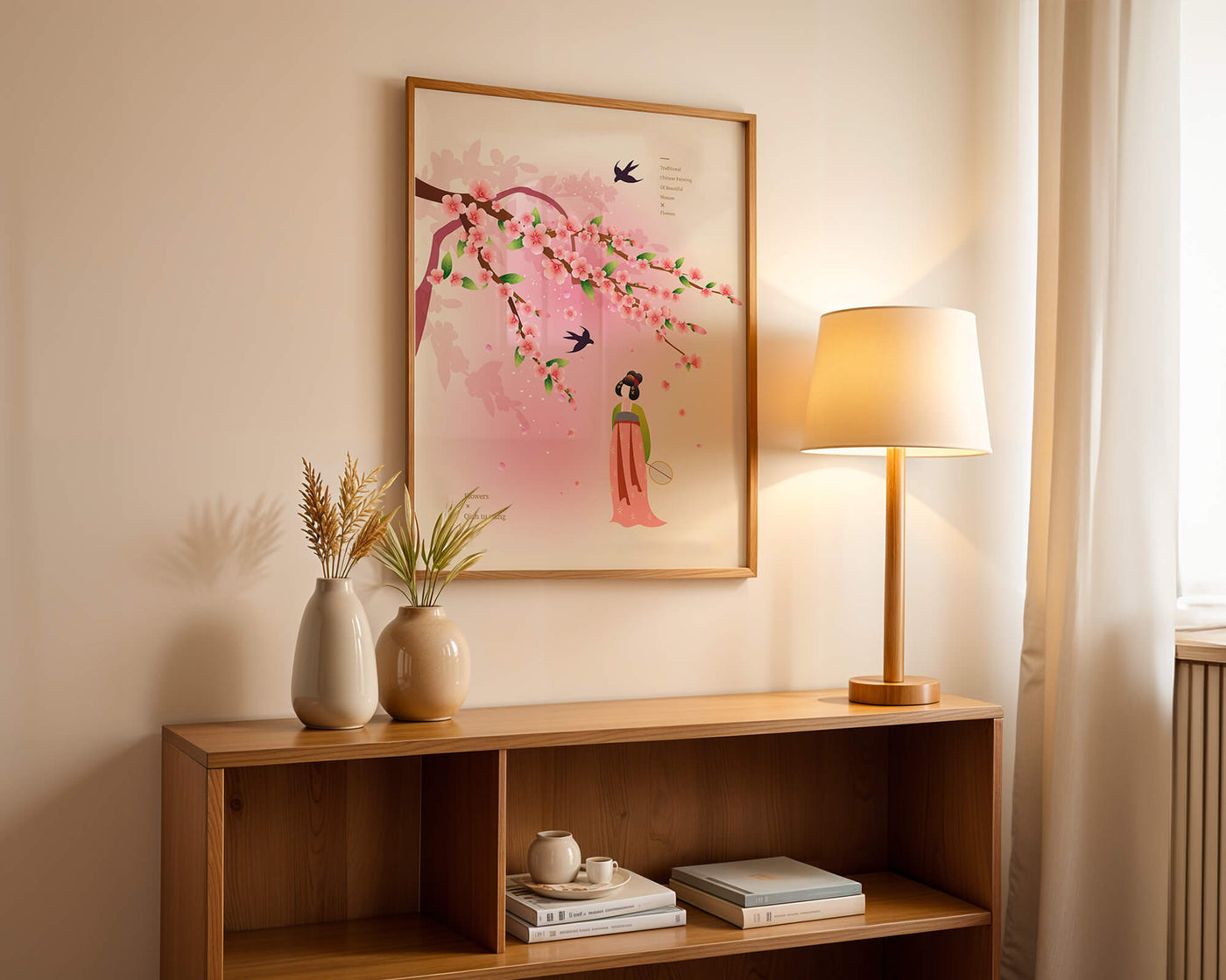 Traditional Chinese art with cherry blossoms and elegant figure