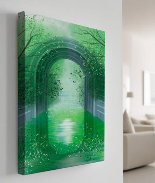 Un túnel de jardín verde sereno con agua reflectante