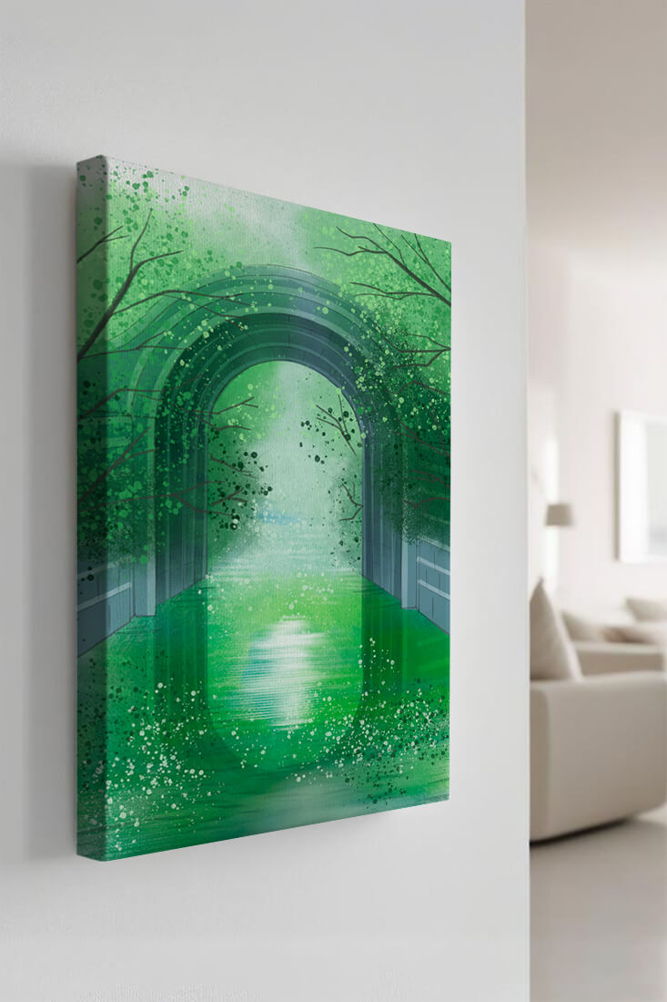 A serene green garden tunnel with reflective water