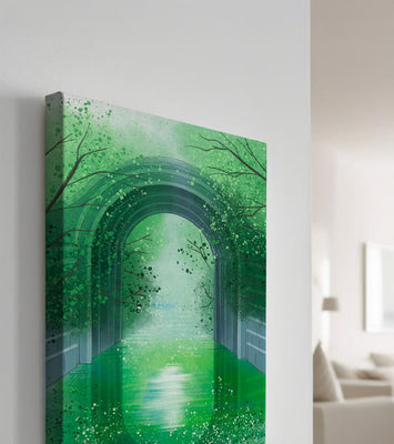 A serene green garden tunnel with reflective water