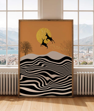 Abstract landscape with jumping deer and golden sun