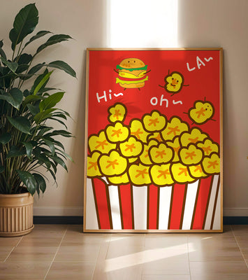 Playful illustration of popcorn and burger characters on a red background