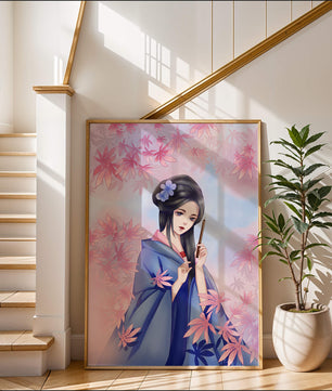 Ilustración elegante de una geisha con kimono azul y hojas rosadas