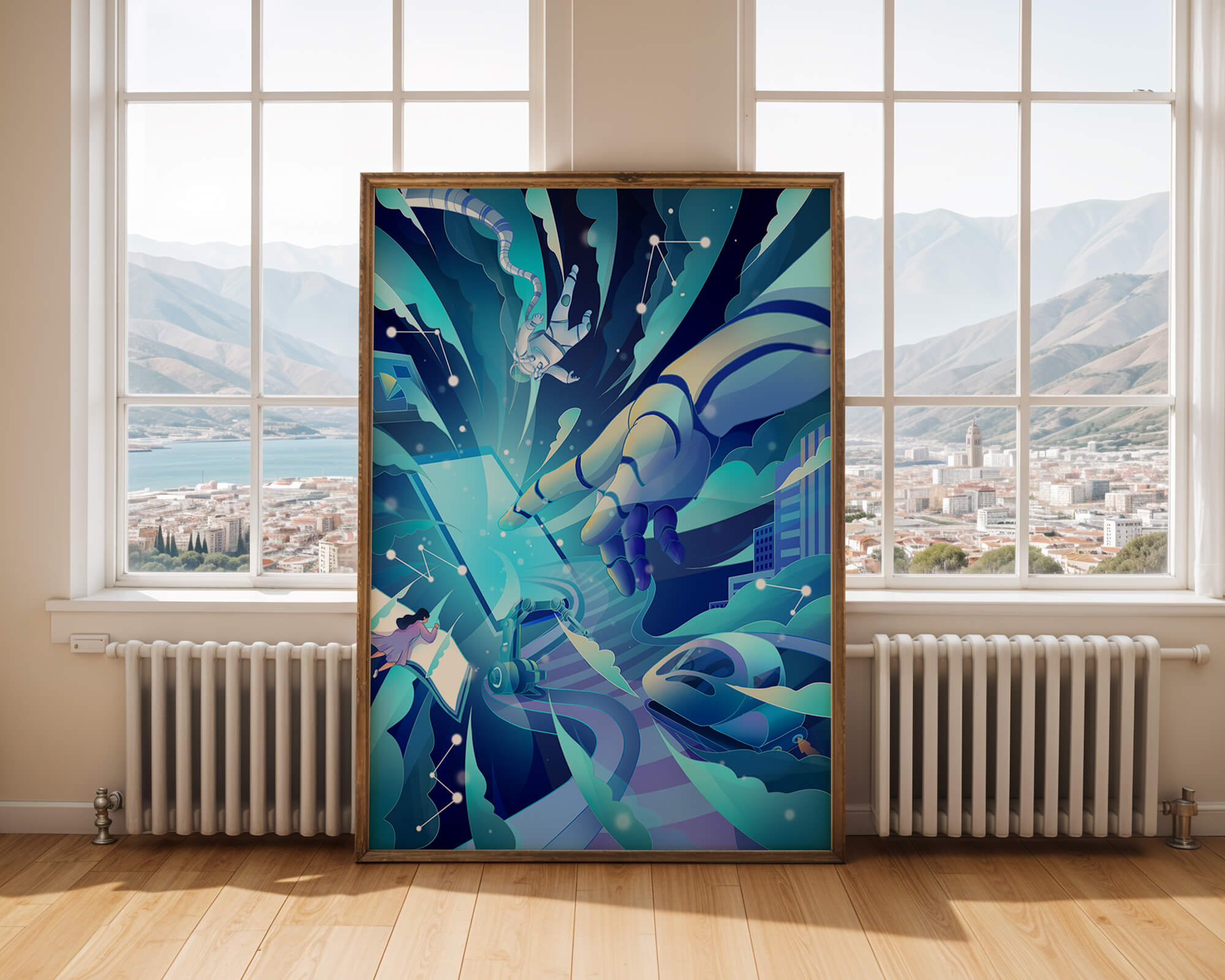 Futuristic digital artwork featuring astronaut and robotic hand in vibrant blue tones