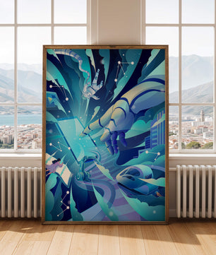 Futuristische digitale Kunst mit Astronaut und Roboterhand in lebhaften Blautönen