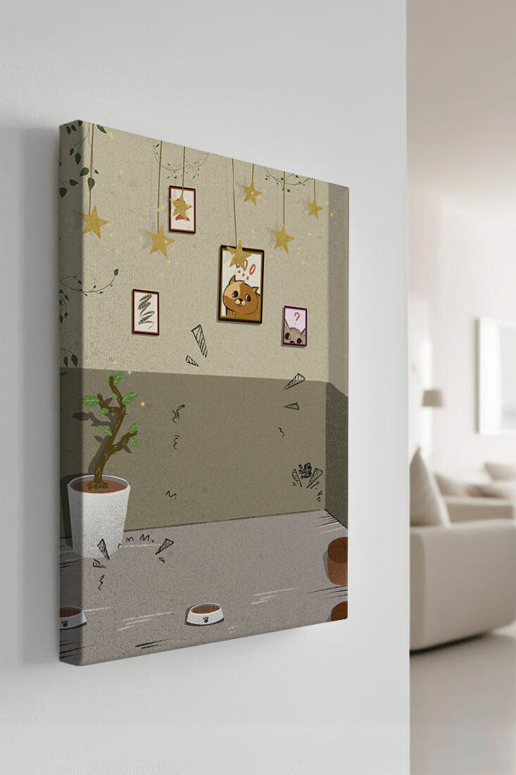 Cozy Room with Star Decorations and Cat Artwork