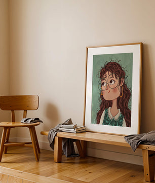 Illustration of a Thoughtful Girl with Glasses and Curly Hair