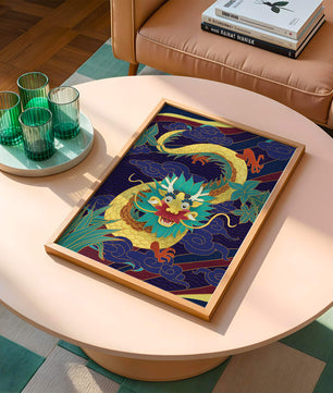 Illustration de dragon coloré avec des nuages ​​et des éléments de feuillage