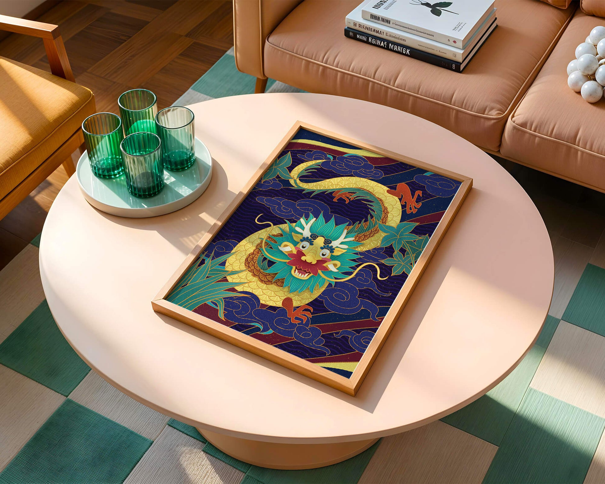 Illustration de dragon coloré avec des nuages ​​et des éléments de feuillage