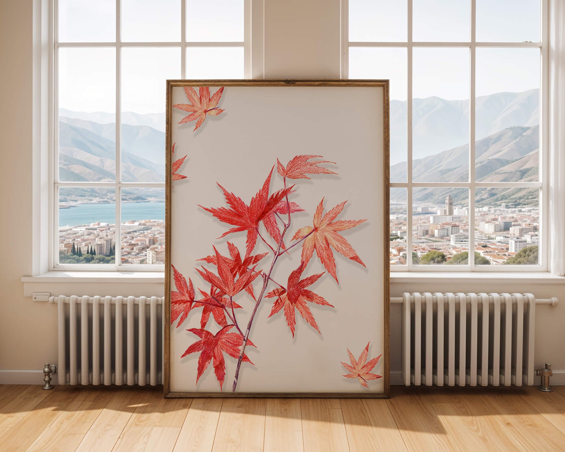 Delicate red maple leaves on white background