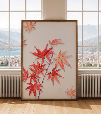 Delicate red maple leaves on white background