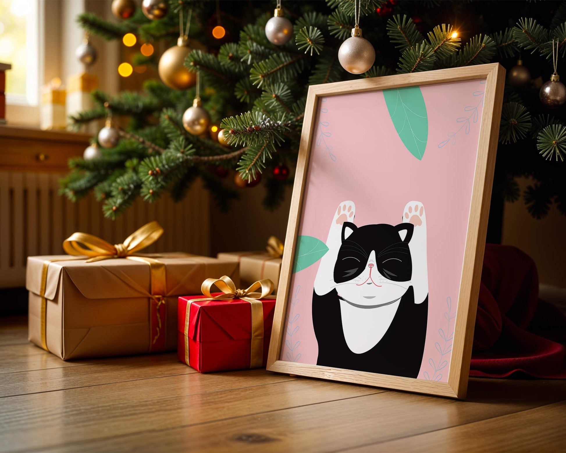 Illustrated cat on pink background with leaves