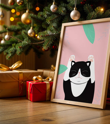 Illustrated cat on pink background with leaves
