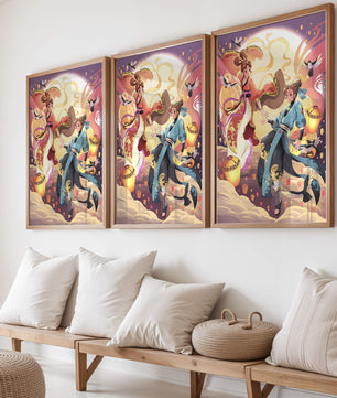 Dynamic anime scene with traditional attire and lanterns