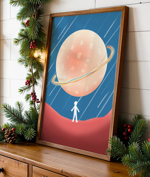 Illustration Of A Large Planet Against A Stardust Background With A Small Figure In The Foreground