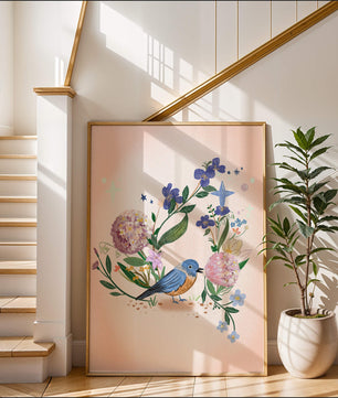 Delightful illustration of a bird amidst colorful flowers on a soft pink background