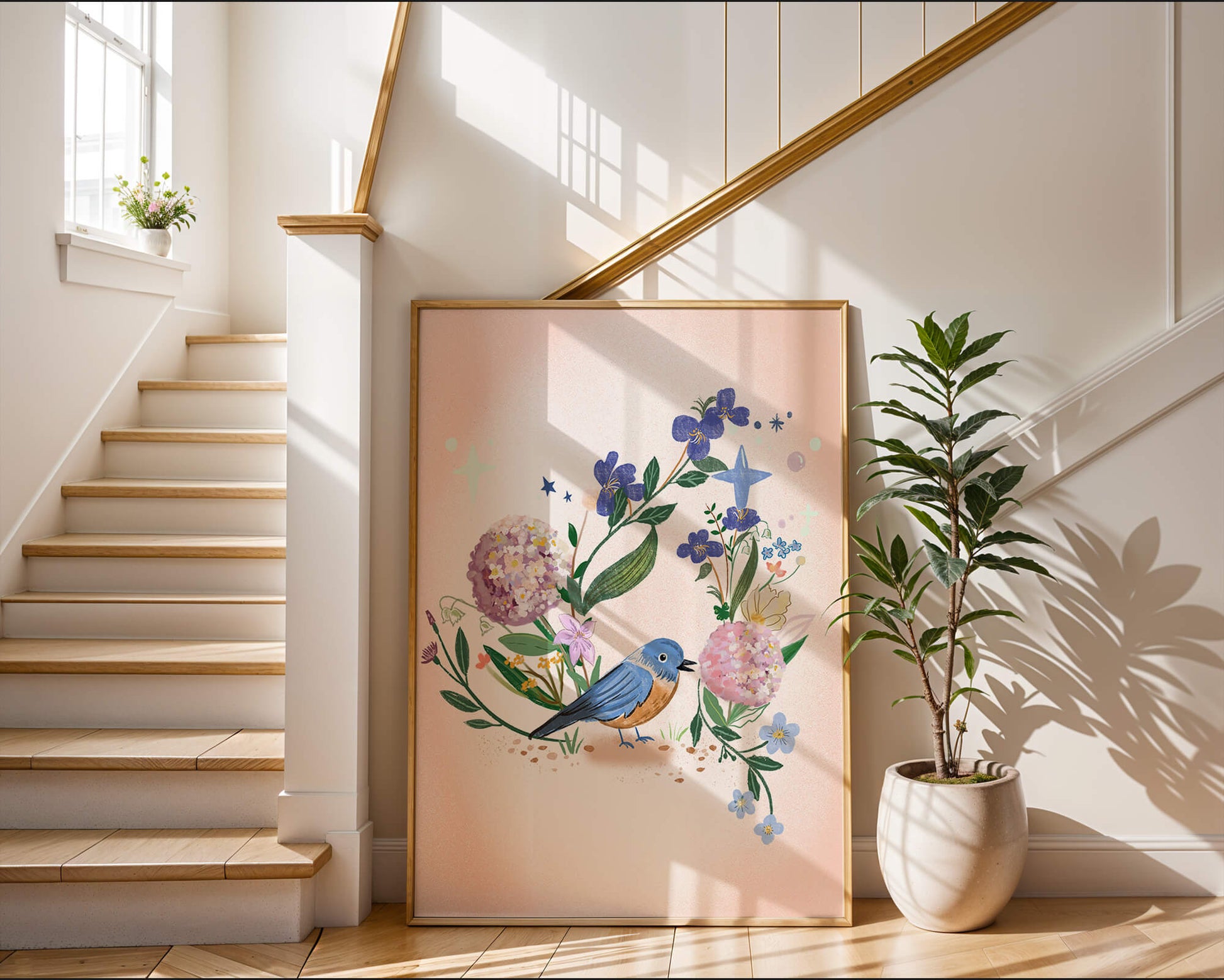 Delightful illustration of a bird amidst colorful flowers on a soft pink background