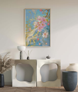 Beautiful Cherry Blossom Branch with Golden Highlights on a Soft Blue Background - Mi tienda