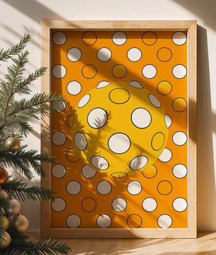 Colorful geometric pattern with white polka dots on orange background