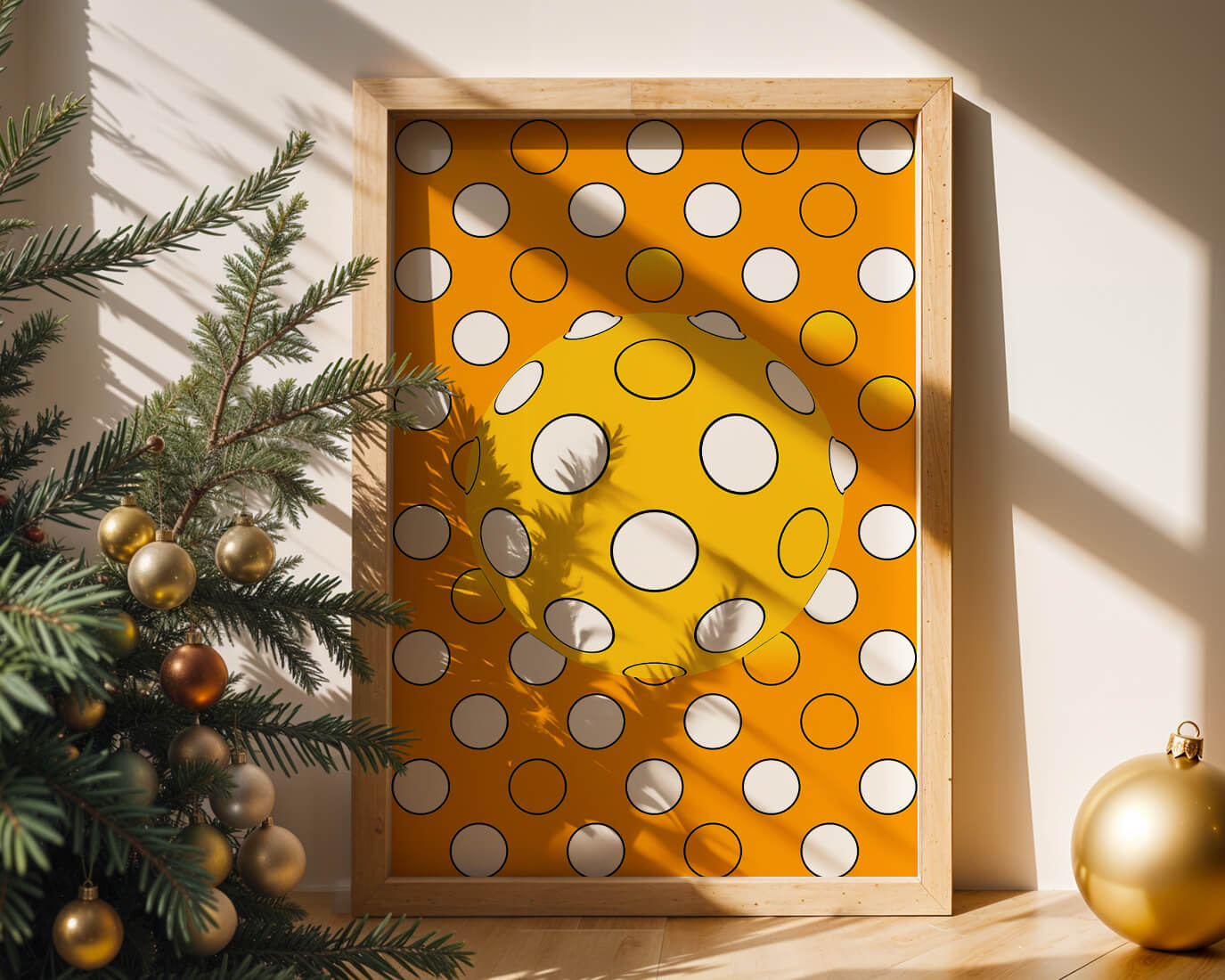 Colorful geometric pattern with white polka dots on orange background