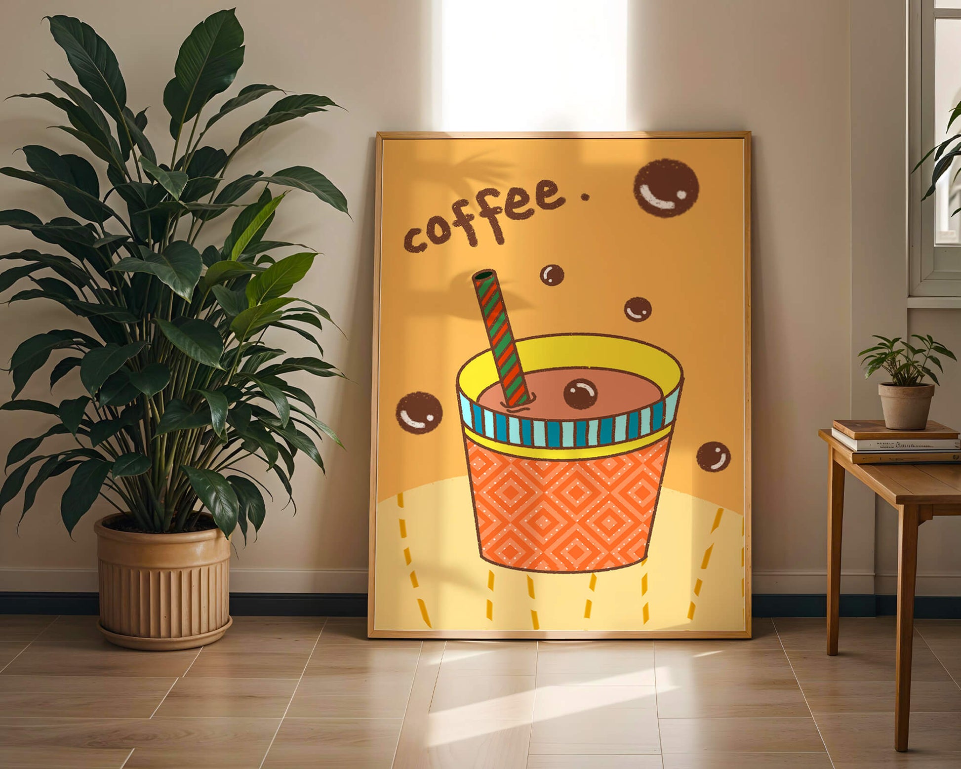 Colorful coffee cup illustration with bubbles and straw