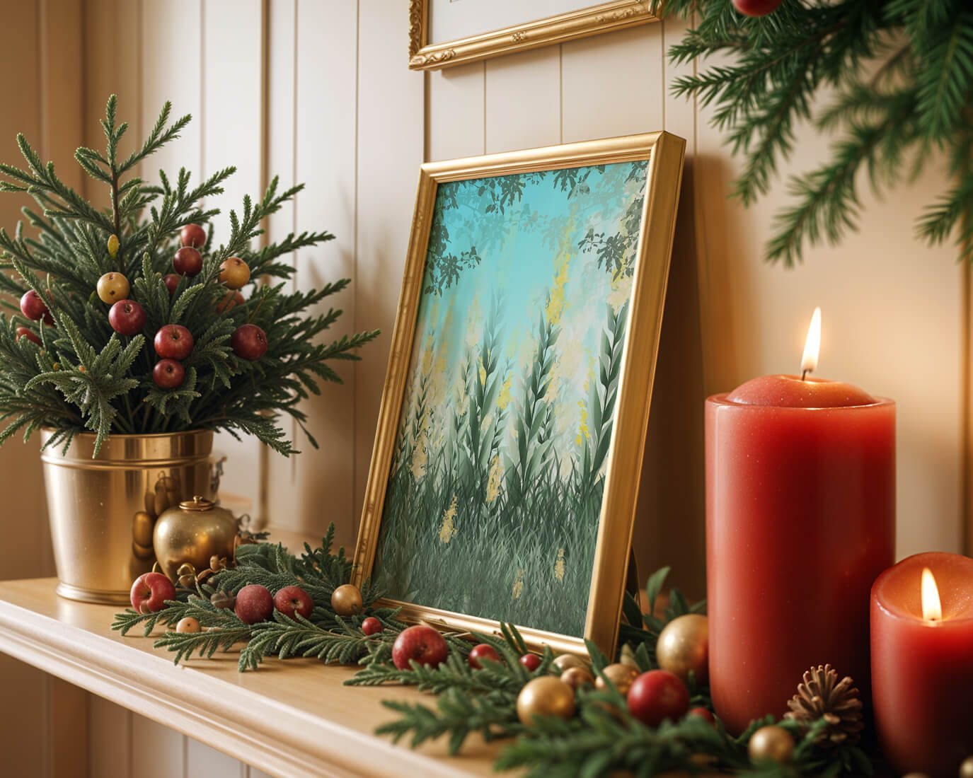 Jardín sereno con hojas verdes altas y flores amarillas bajo el cielo azul