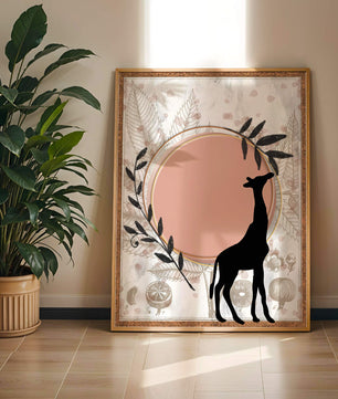 Von der Natur inspiriertes Kunstwerk mit Giraffensilhouette und botanischen Elementen