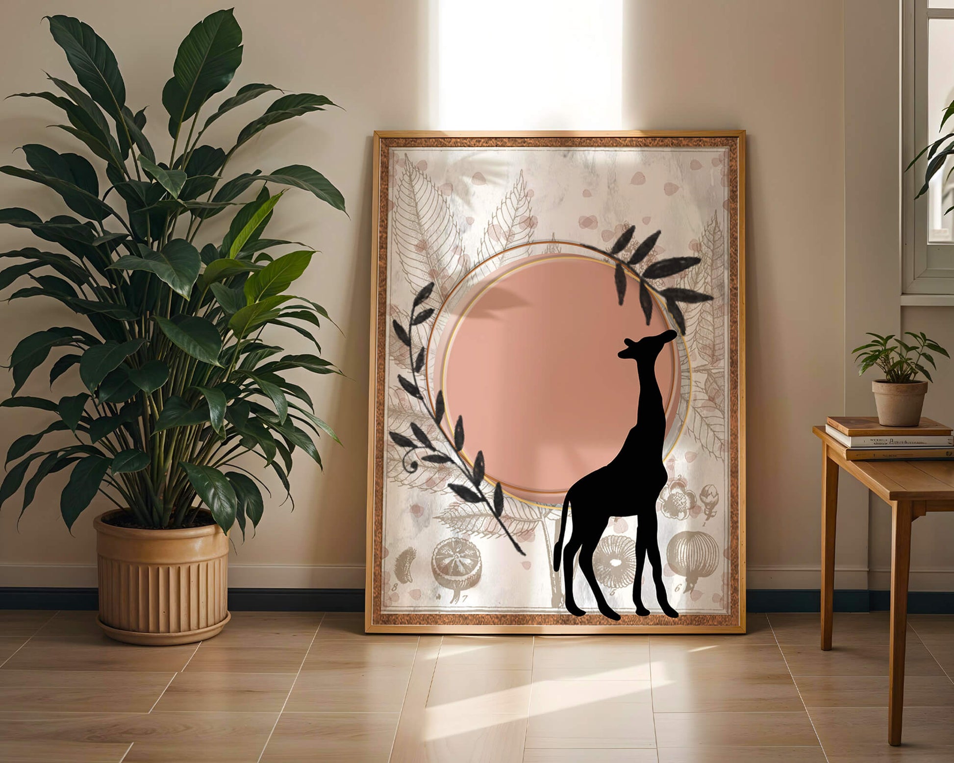 Nature-inspired artwork with giraffe silhouette and botanical elements