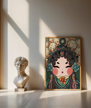 Ilustración encantadora de una muñeca china tradicional con tocado floral