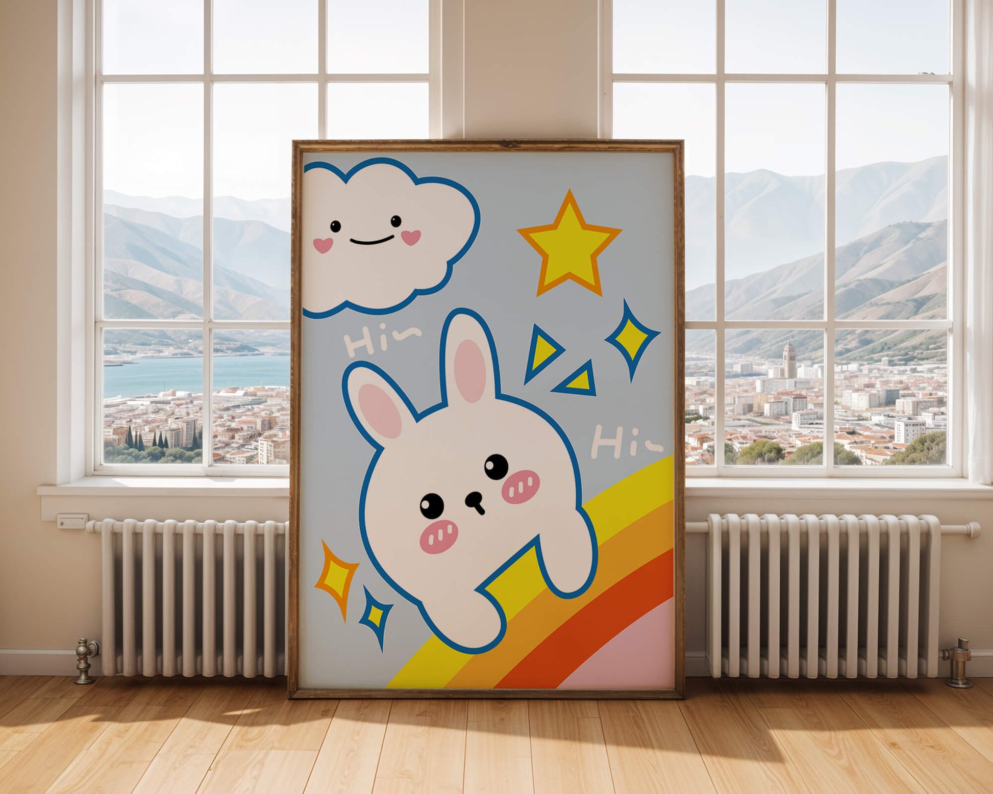 Whimsical cartoon bunny with cloud and rainbow theme