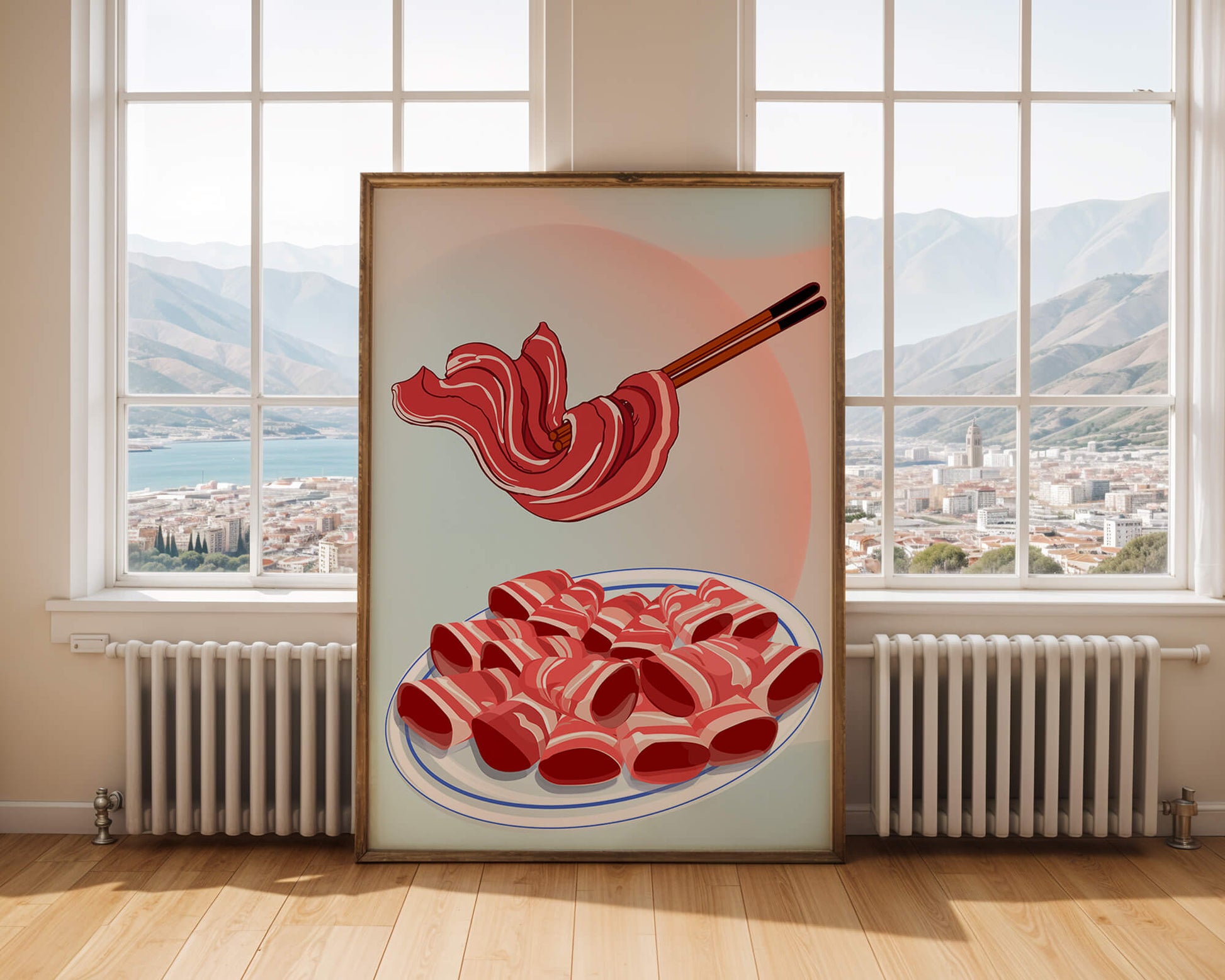 Delicious raw meat slices on plate with chopsticks in background