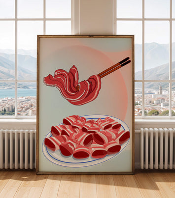 Delicious raw meat slices on plate with chopsticks in background