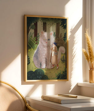 Verzauberter Wald mit einer riesigen Katze und einer Frau