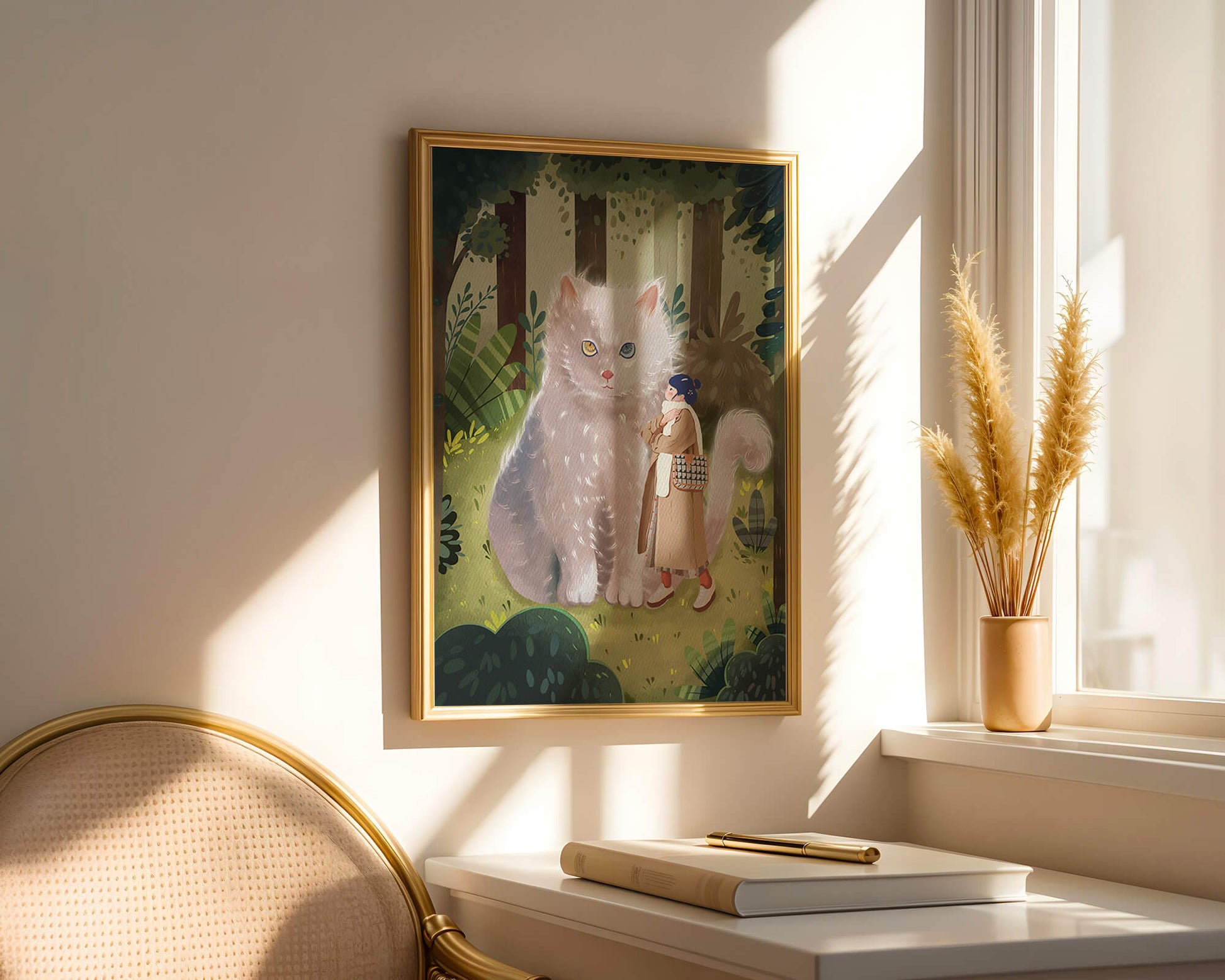 Verzauberter Wald mit einer riesigen Katze und einer Frau