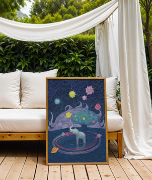 Éléphant fantastique avec arbre et fond cosmique