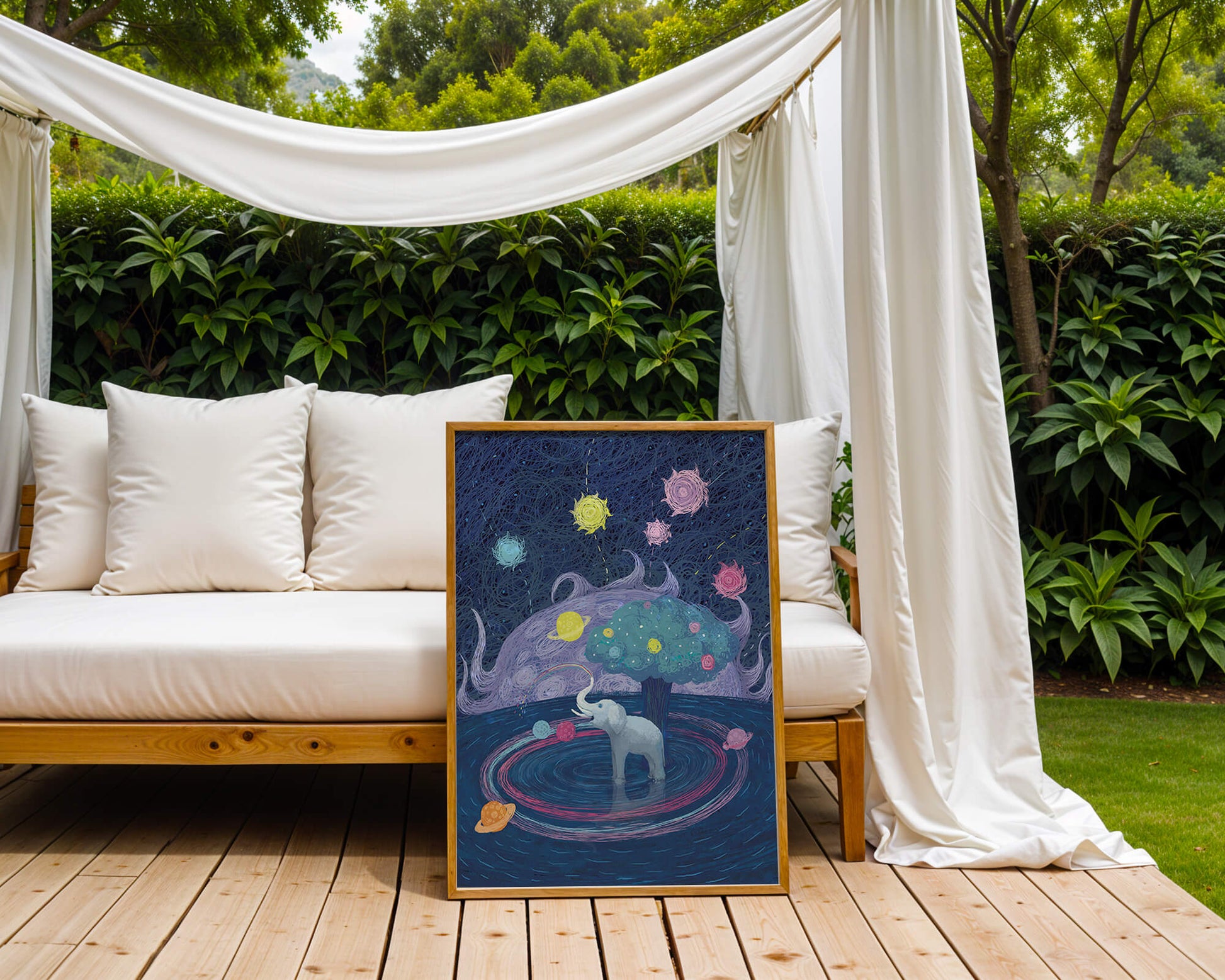 Éléphant fantastique avec arbre et fond cosmique