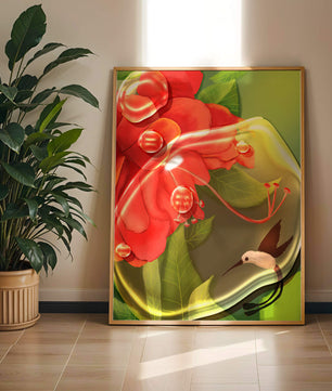 Vibrant floral illustration with hummingbird and lush greenery