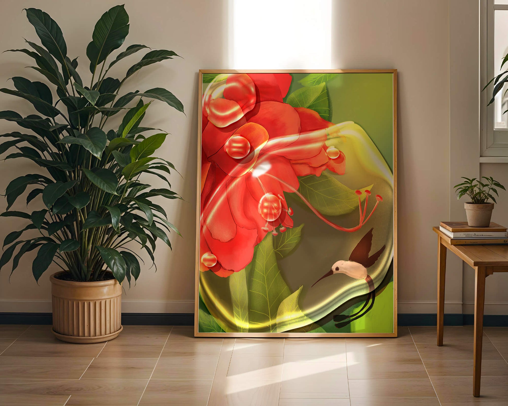 Vibrant floral illustration with hummingbird and lush greenery