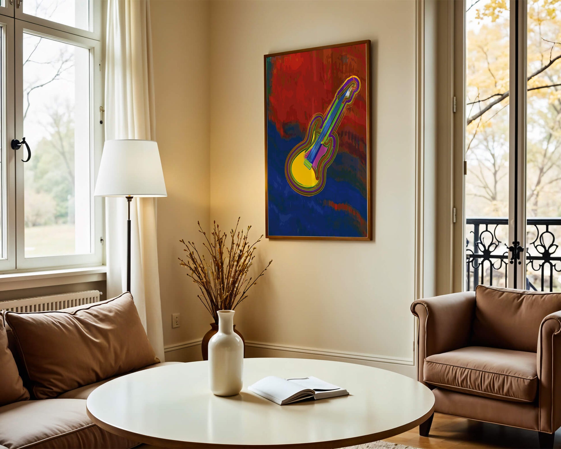 Vibrant abstract guitar illustration with bold colors