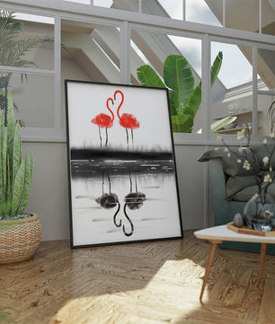 Flamencos elegantes reflejándose en el agua con un contraste artístico