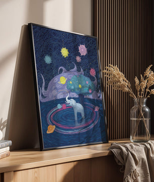 Éléphant fantastique avec arbre et fond cosmique