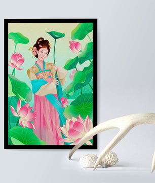 Traditional Asian woman in a garden surrounded by lotus flowers and green leaves