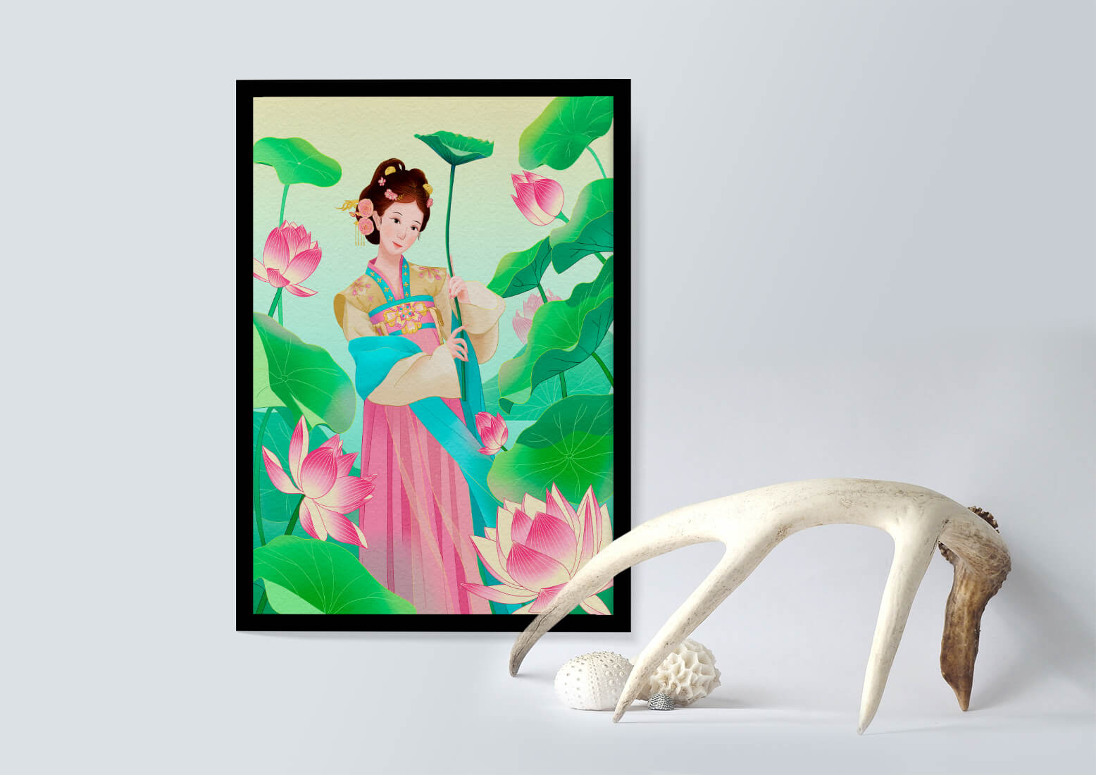 Traditional Asian woman in a garden surrounded by lotus flowers and green leaves