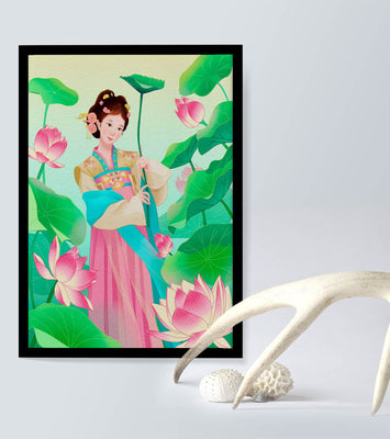 Traditional Asian woman in a garden surrounded by lotus flowers and green leaves