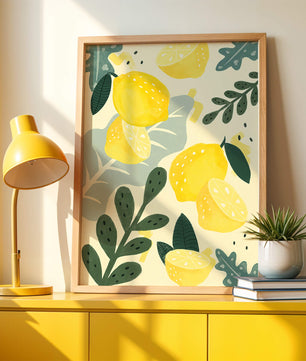 Composición ilustrativa de limones y hojas con colores vibrantes